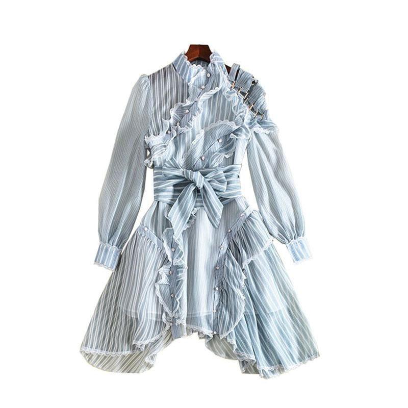 Street Wear Striped Ruffles Off Shoulder Lantern Sleeve Belt High Waist Asymmetrical Mini Dress - Blue / L - Mini Dress