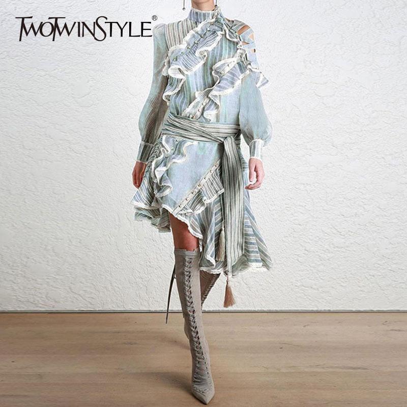 Street Wear Striped Ruffles Off Shoulder Lantern Sleeve Belt High Waist Asymmetrical Mini Dress - mini dress