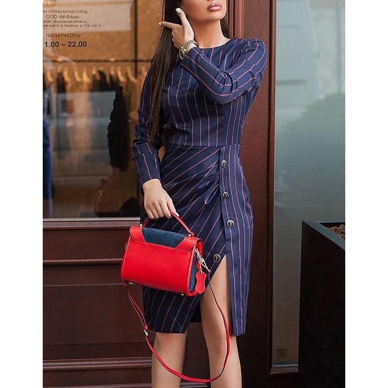 Striped Printed Bodycon Side Slit Button Long Sleeve Elegant Office Wear Knee Length - Mid Length