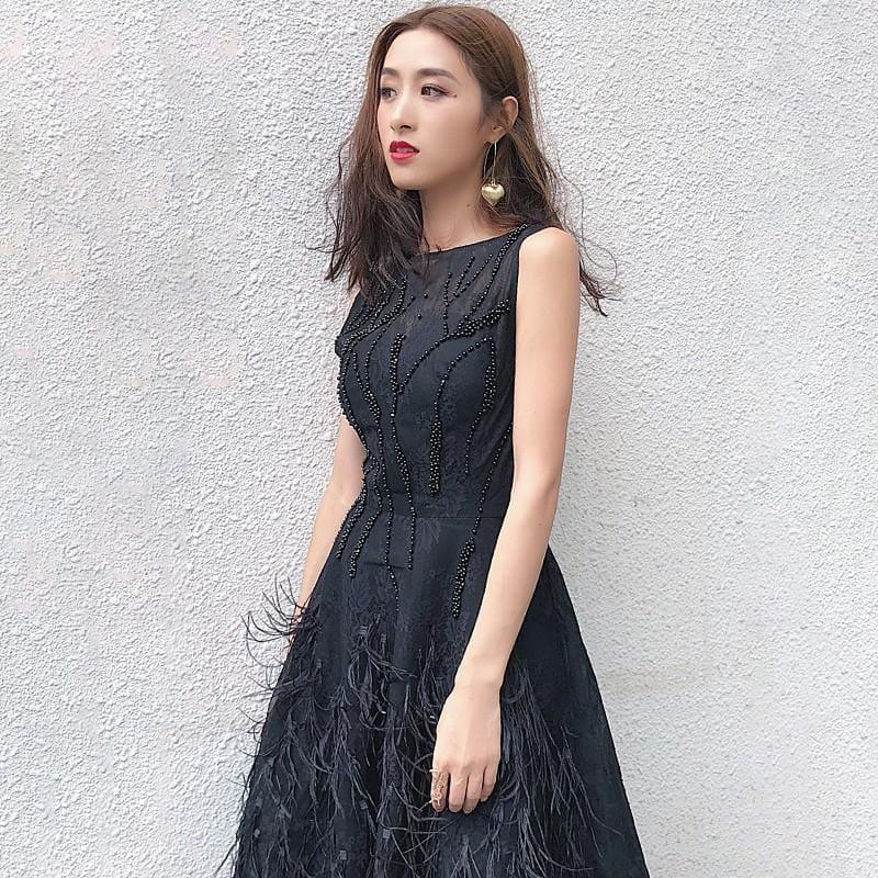 Summer 2019 Round Neck Sleeveless Embroidery Beading Feather Elegant Fashion Midi Dress - Midi Dress