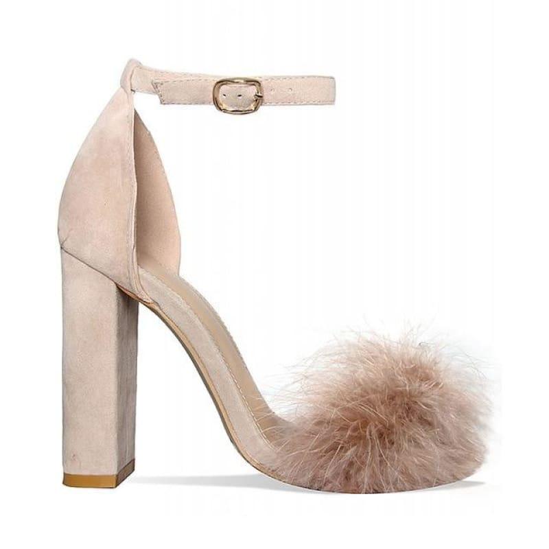 Summer Sexy High Heels Faux Fur Party Sandals - Beige / 36 - sandals