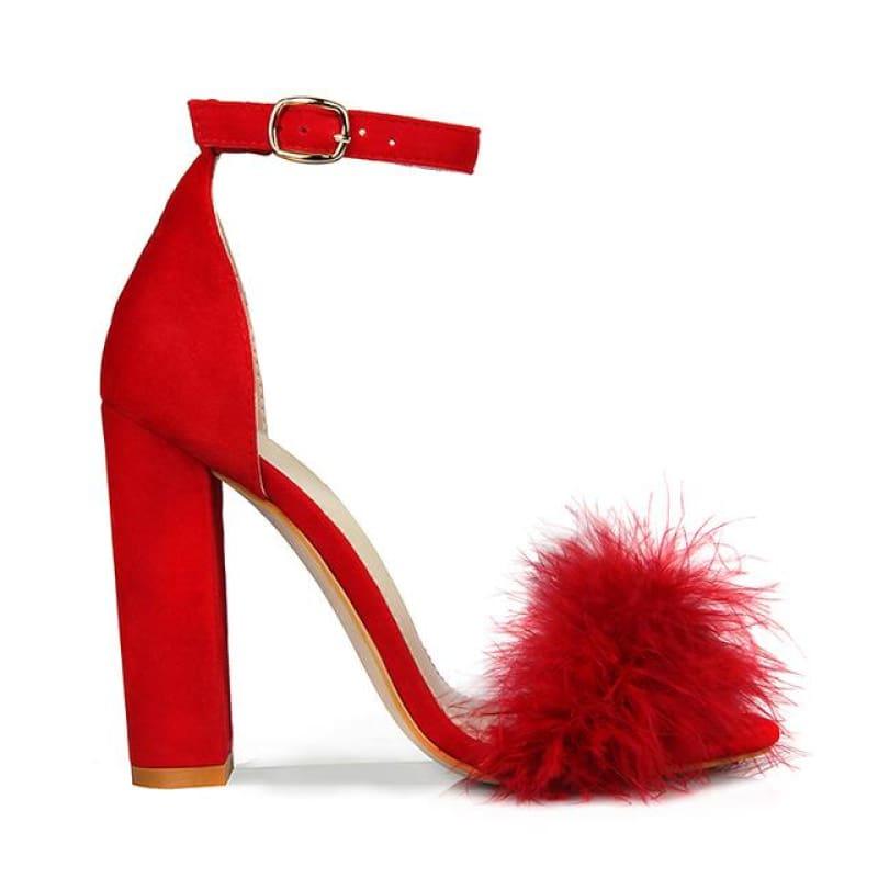 Summer Sexy High Heels Faux Fur Party Sandals - Red / 36 - sandals