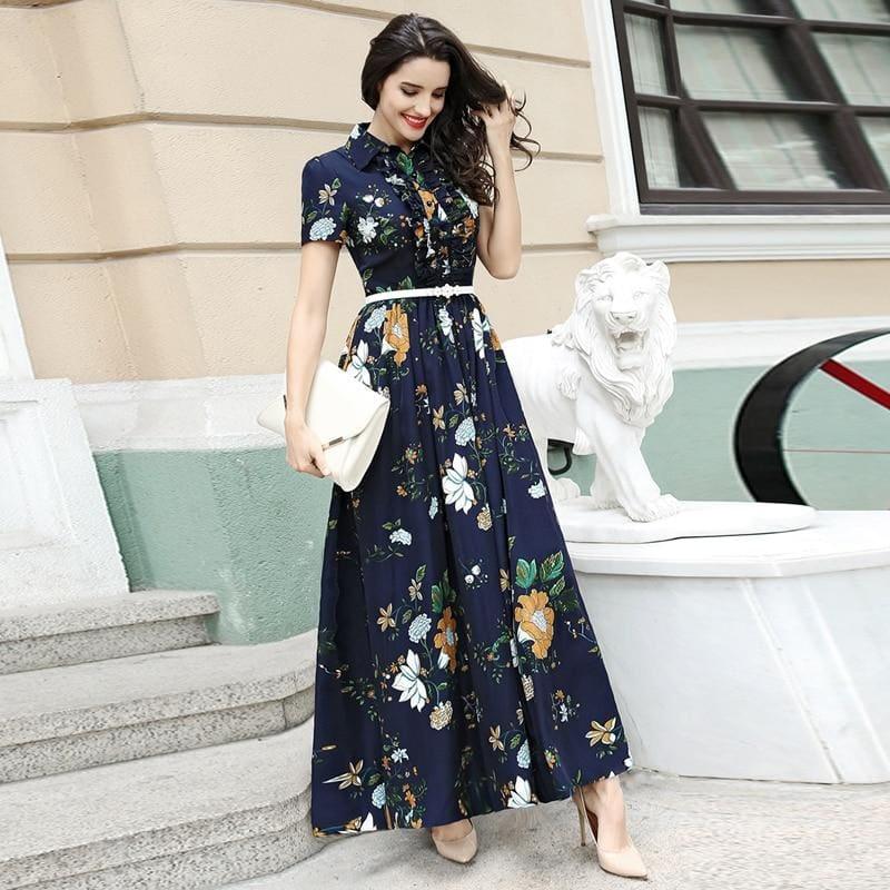 Summer Short sleeve A-line Ruffles Floral Print Long Maxi Dress - Blue / S - Maxi Dress