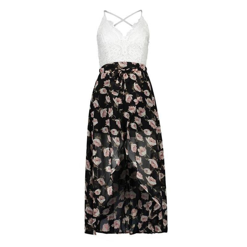Summer Sleeveless Lace Flower Print Boho Maxi Dress - Black Flower / L - Maxi Dress