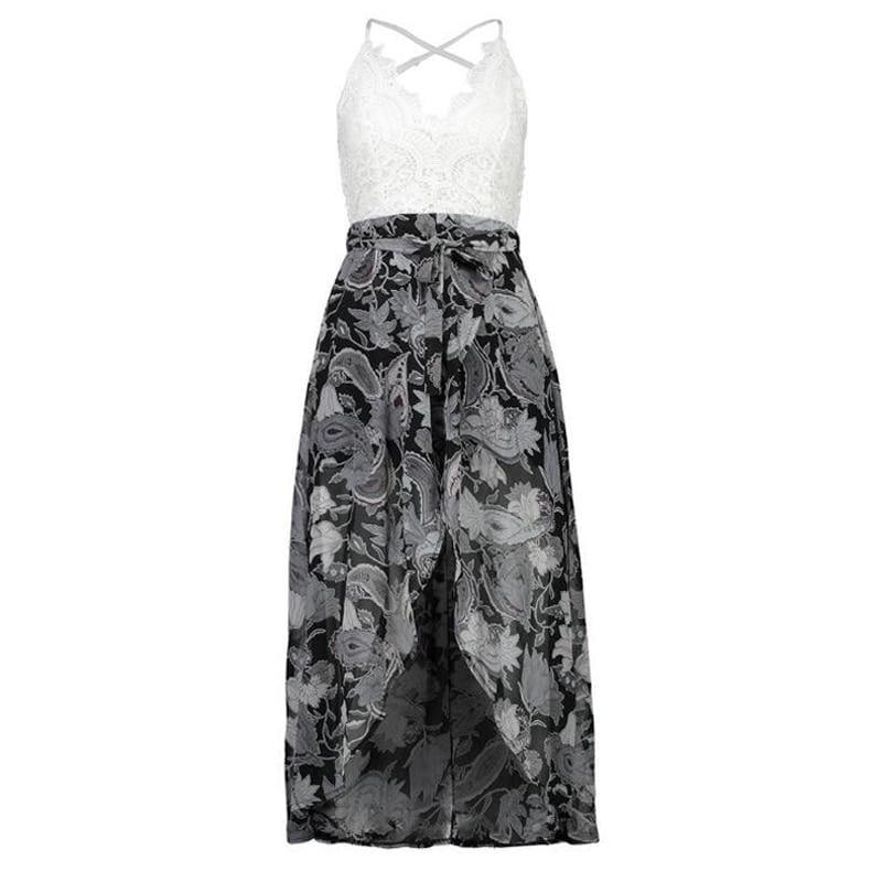 Summer Sleeveless Lace Flower Print Boho Maxi Dress - Gray / L - Maxi Dress