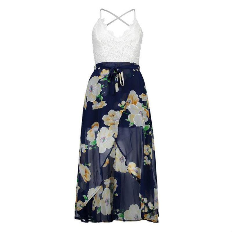 Summer Sleeveless Lace Flower Print Boho Maxi Dress - Navy / L - Maxi Dress