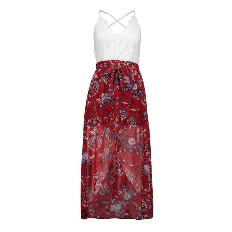 Summer Sleeveless Lace Flower Print Boho Maxi Dress - Red / L - Maxi Dress