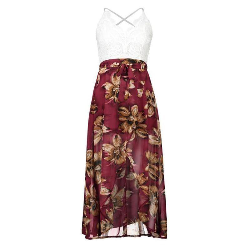 Summer Sleeveless Lace Flower Print Boho Maxi Dress - Maxi Dress