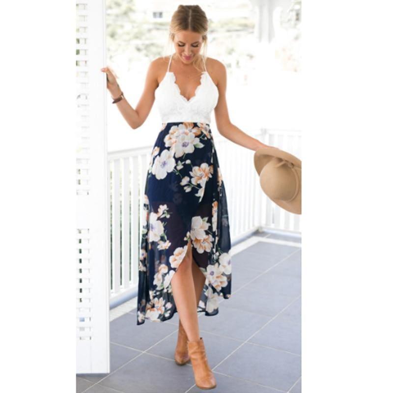 Summer Sleeveless Lace Flower Print Boho Maxi Dress - Maxi Dress