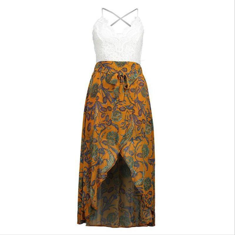 Summer Sleeveless Lace Flower Print Boho Maxi Dress - Yellow / L - Maxi Dress