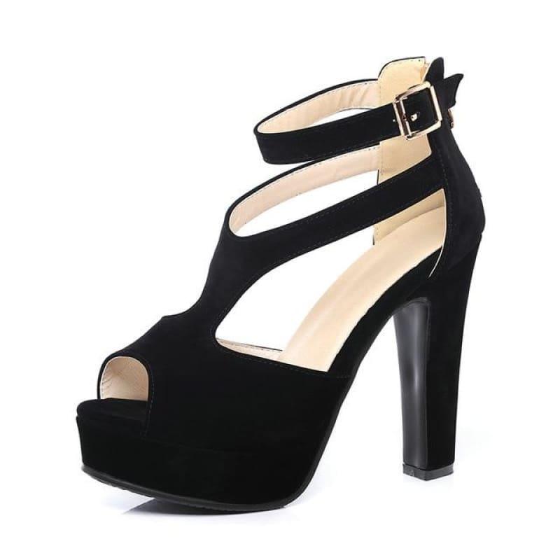 Summer Square High Heel Peep Toe PU Leather Zipper Sandals - Black / 7 - Sandals