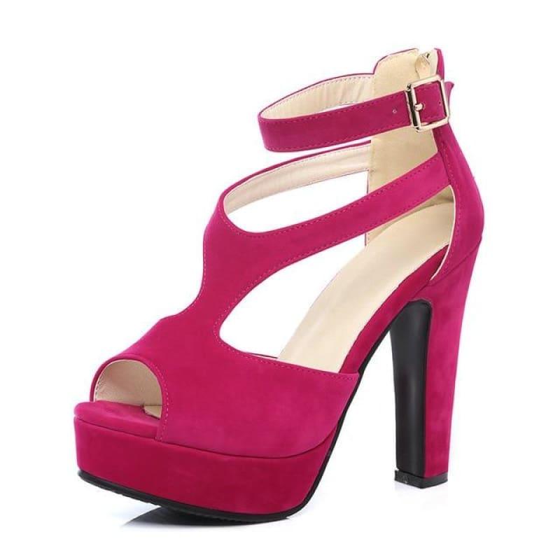 Summer Square High Heel Peep Toe PU Leather Zipper Sandals - Red / 7 - Sandals