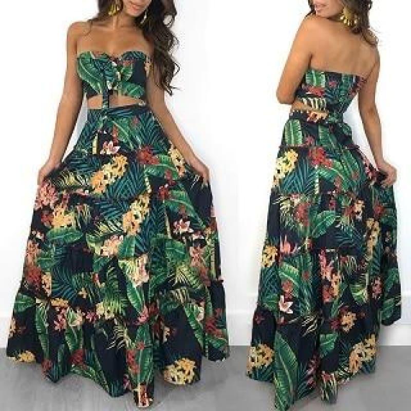 Summer Strapless Two Pieces Tropical Print Tube Top&maxi Skirt - Green / S - Set