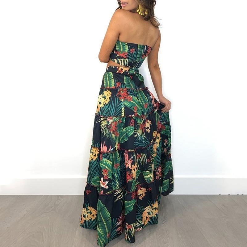 Summer Strapless Two Pieces Tropical Print Tube Top&maxi Skirt - Set