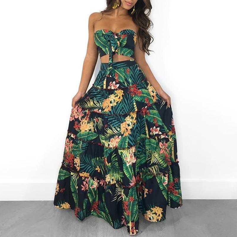 Summer Strapless Two Pieces Tropical Print Tube Top&Maxi Skirt - Set
