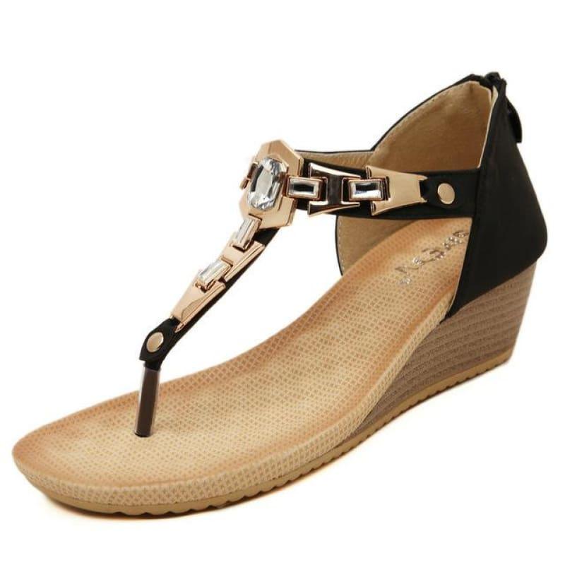 Summer T-strap Flip Flops Thong Wedges Gladiator Sandals - Black / 4 - sandals