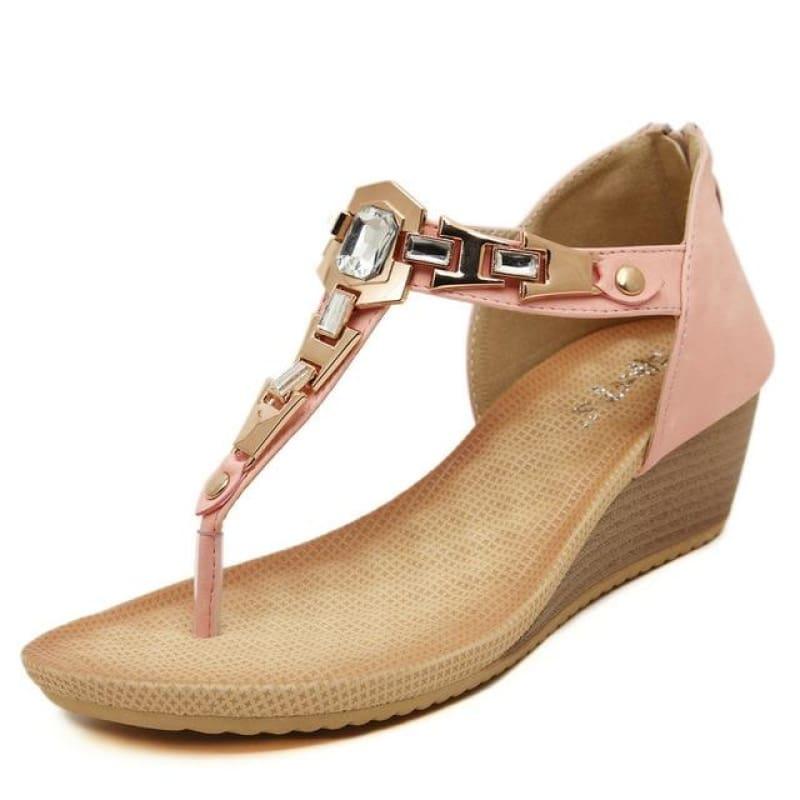 Summer T-strap Flip Flops Thong Wedges Gladiator Sandals - Pink / 4 - sandals