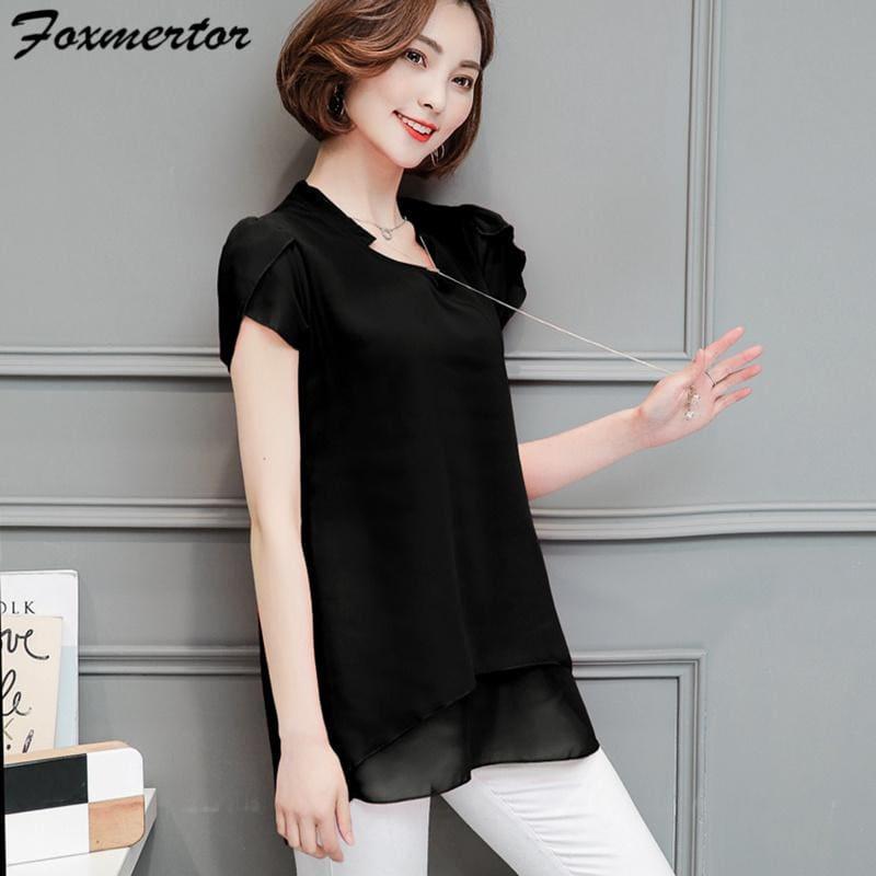 Summer Women Chiffon V-Neck Blouse Short Sleeve Top - Short Sleeve