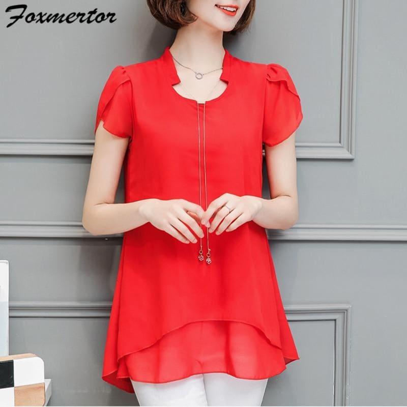 Summer Women Chiffon V-Neck Blouse Short Sleeve Top - Short Sleeve