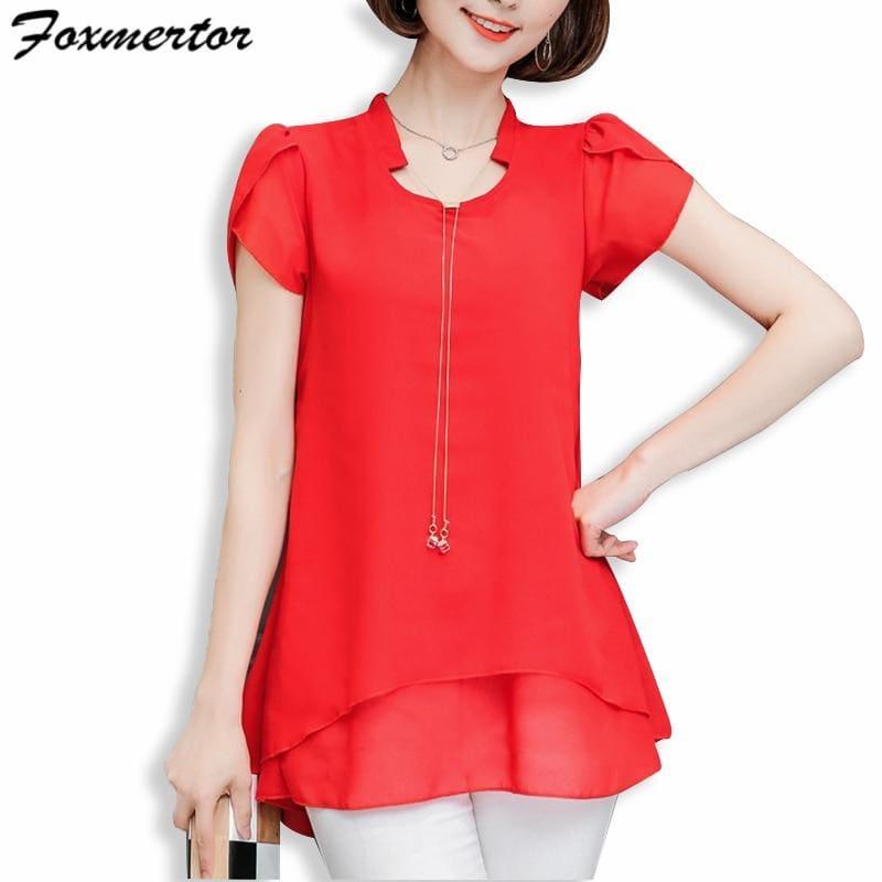 Summer Women Chiffon V-Neck Blouse Short Sleeve Top - Short Sleeve