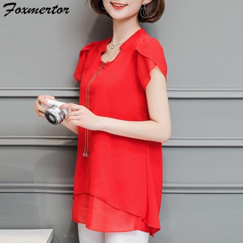 Summer Women Chiffon V-Neck Blouse Short Sleeve Top - Short Sleeve