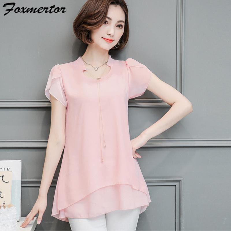 Summer Women Chiffon V-Neck Blouse Short Sleeve Top - Short Sleeve