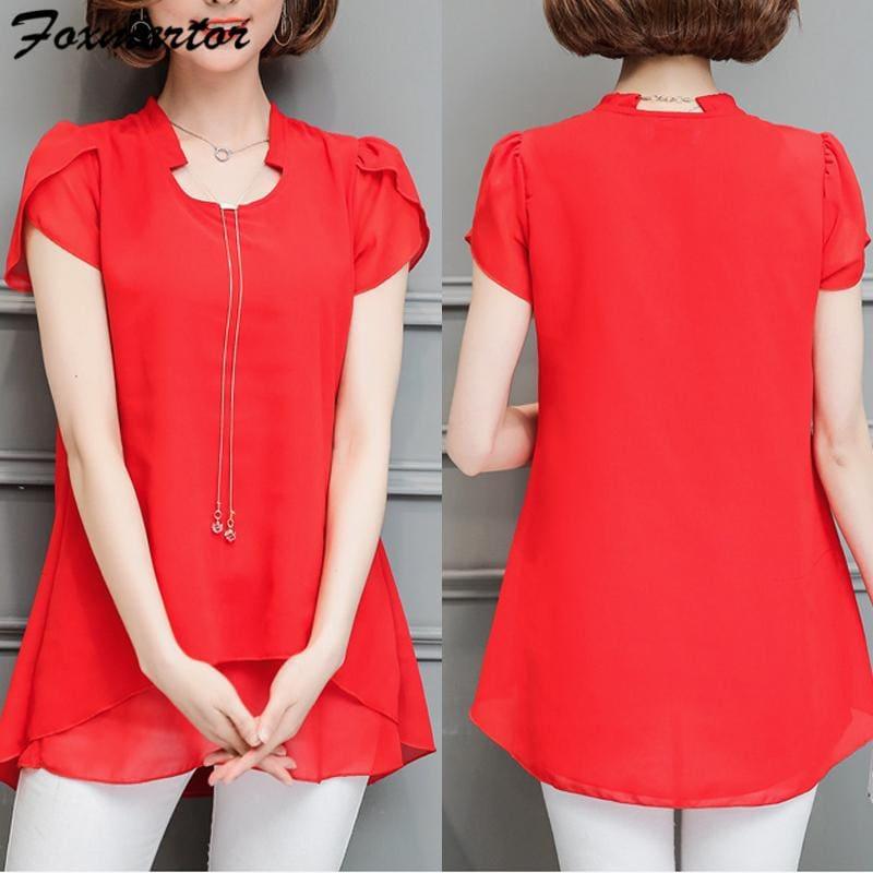 Summer Women Chiffon V-Neck Blouse Short Sleeve Top - Short Sleeve