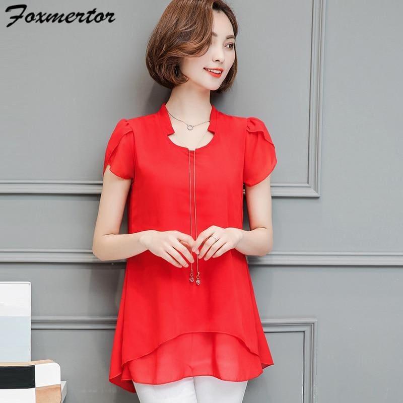 Summer Women Chiffon V-Neck Blouse Short Sleeve Top - Short Sleeve