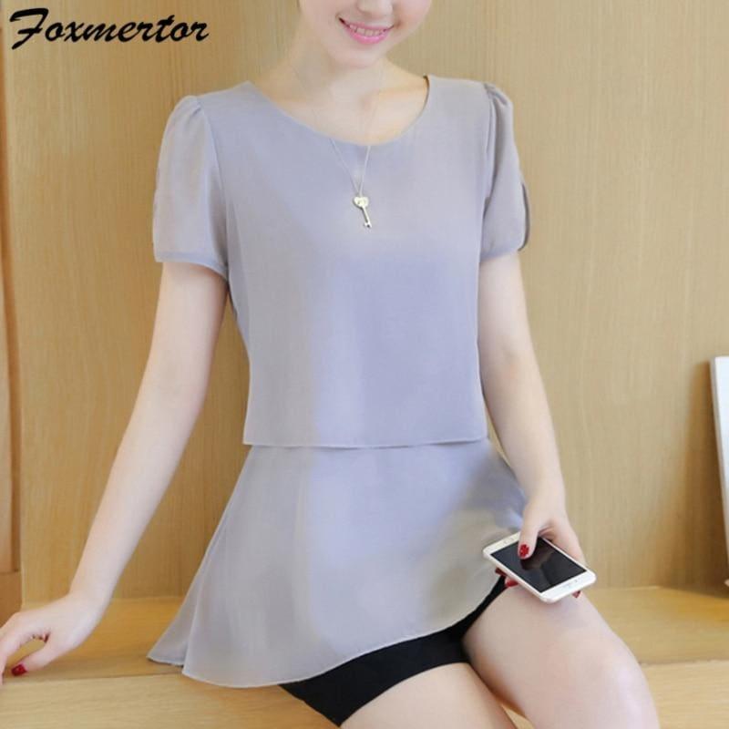 Summer Women Chiffon V-Neck Blouse Short Sleeve Top - Short Sleeve