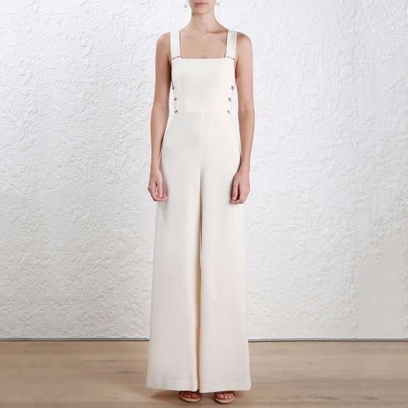 Suspenders Backless High Waist Long Wide Leg Spring Fashion Jumpsuit - white / L - Jumpsuits