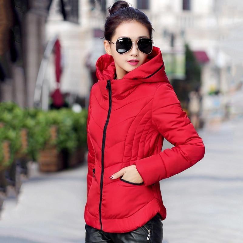 Thick Parka Cotton Hooded Fur Collar Short Winter Coat - Red / L - Coats
