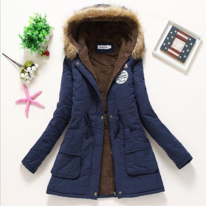 Thick Warm Female Hooded Fur Cotton - Navy Blue / L - Coats