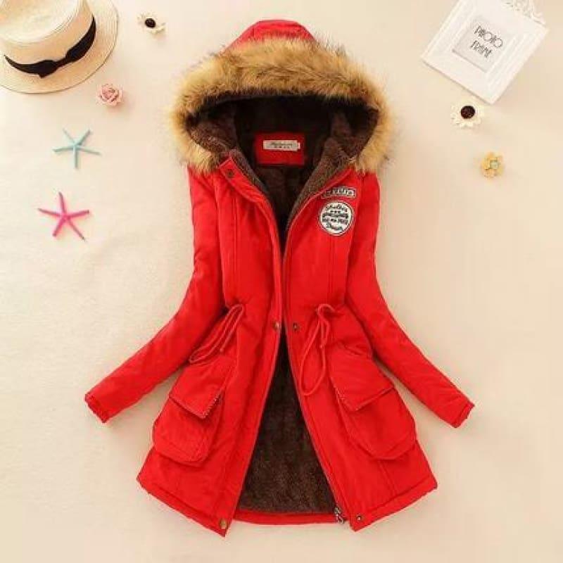 Thick Warm Female Hooded Fur Cotton - Red / L - Coats