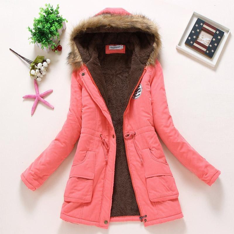 Thick Warm Female Hooded Fur Cotton - Watermelon Red / L - Coats