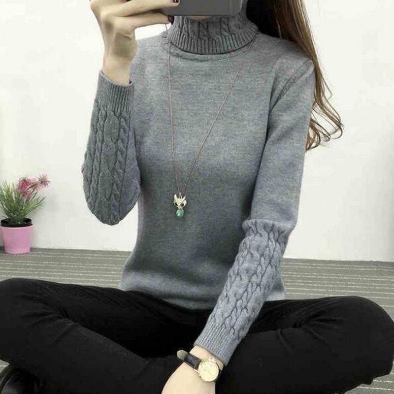 Thick Warm Turtleneck Pullover Knit Long Sleeve Cashmere Sweater - Gray / L - women Sweater