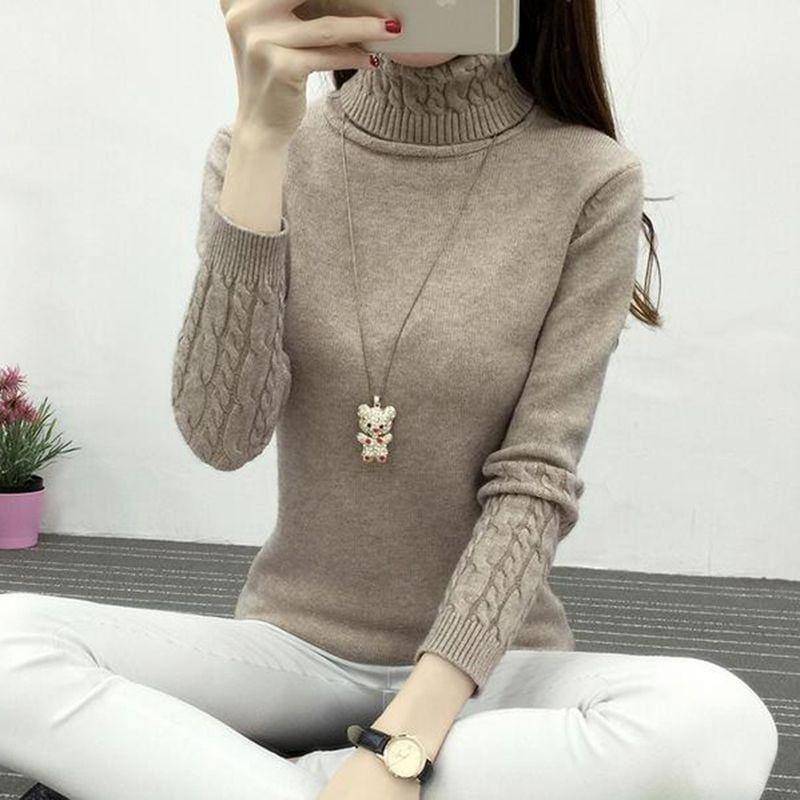 Thick Warm Turtleneck Pullover Knit Long Sleeve Cashmere Sweater - Khaki / L - women Sweater