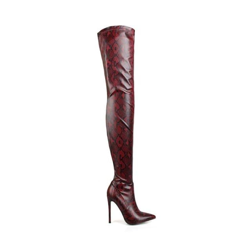Thigh High Over the Knee Snakeskin Pointed Toe Boots - win red / 36 - Boots