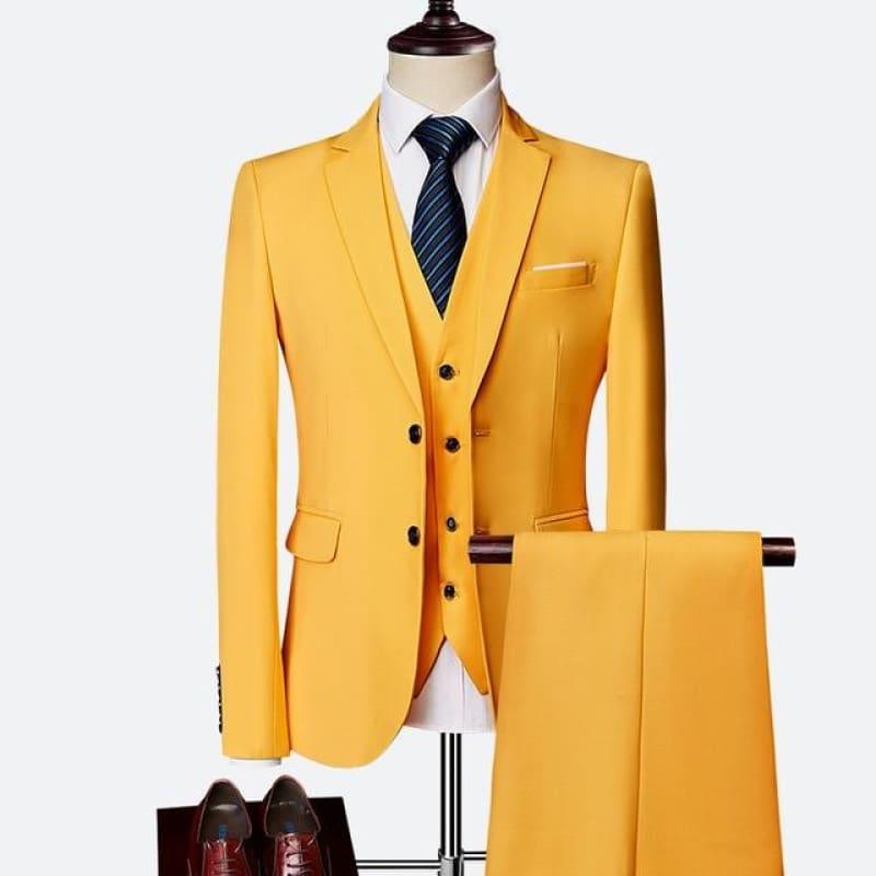 Three Piece Formal Business Mens Suits - YELLOW / XXXL - mens suits