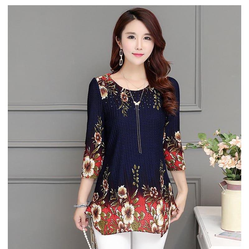 Three Quarter Slim Chiffon Casual Printed Blouse - Short Sleeve