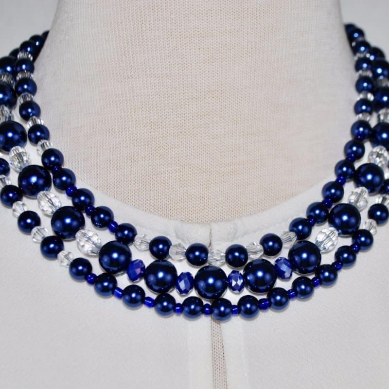 Three Strands Blue Glass Pearls Crystal Necklace - Handmade