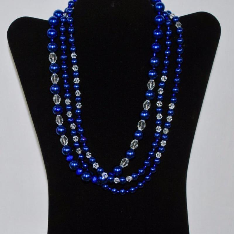 Three Strands Blue Glass Pearls Crystal Necklace - Handmade