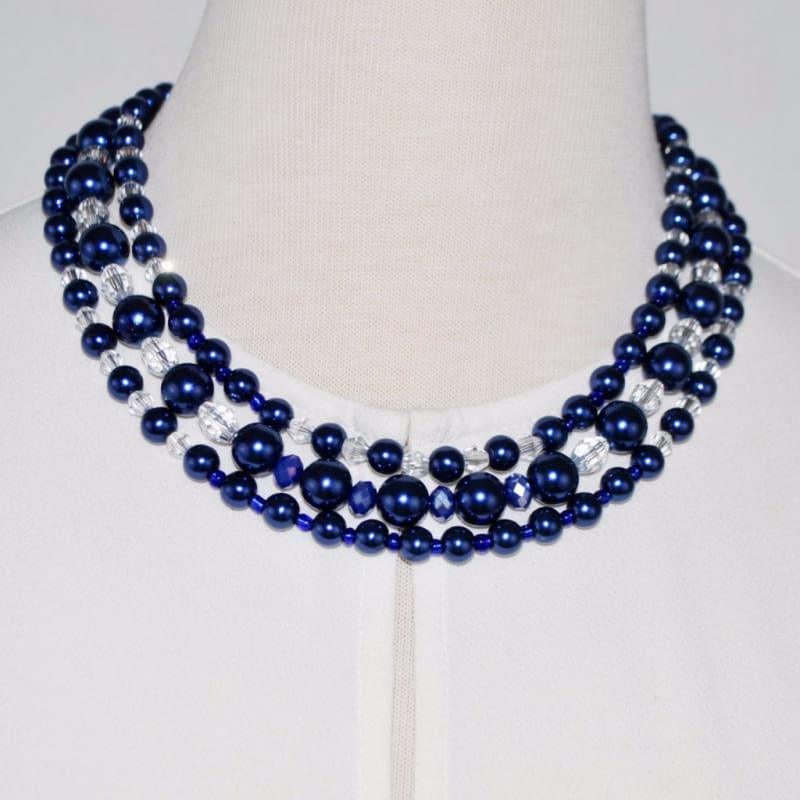 Three Strands Blue Glass Pearls Crystal Necklace - Handmade