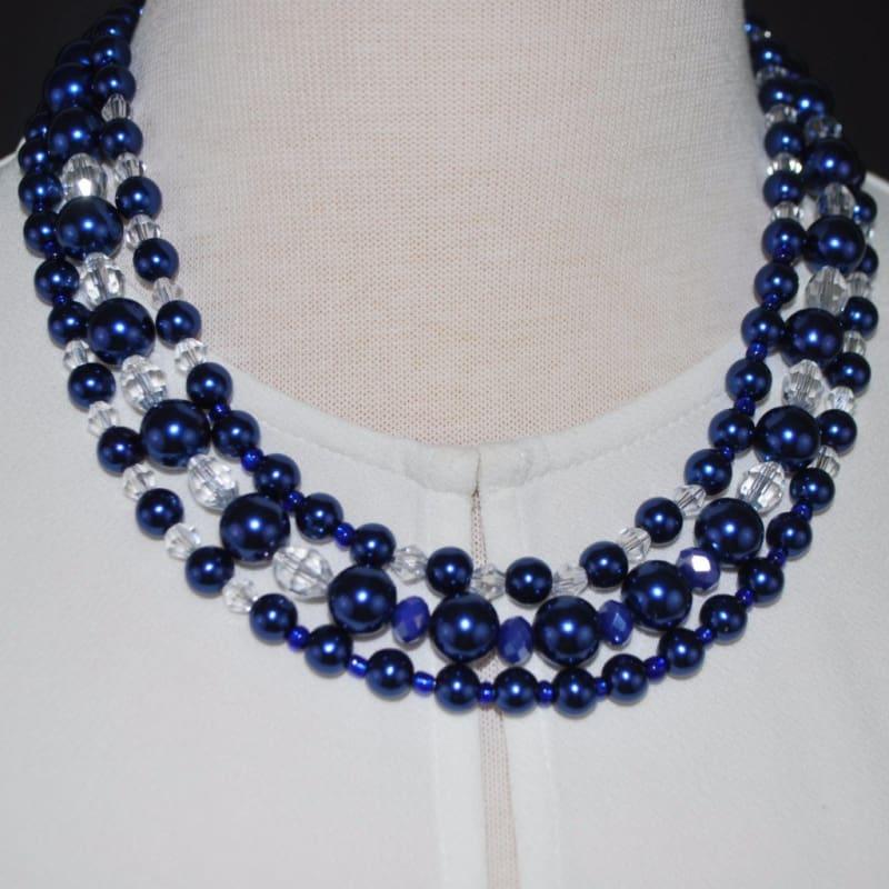 Three Strands Blue Glass Pearls Crystal Necklace - Handmade