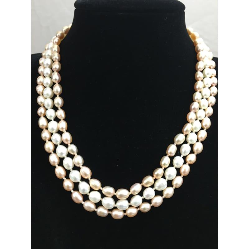 Three Strands Freshwater Pearls Necklace - Handmade