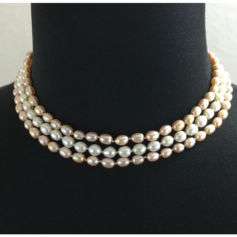 Three Strands Freshwater Pearls Necklace - Handmade
