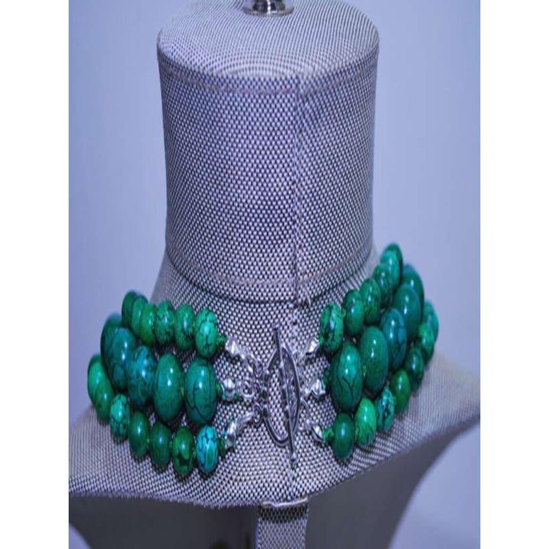Three Strands Green Turquoise Womens Beaded Necklace - Handmade