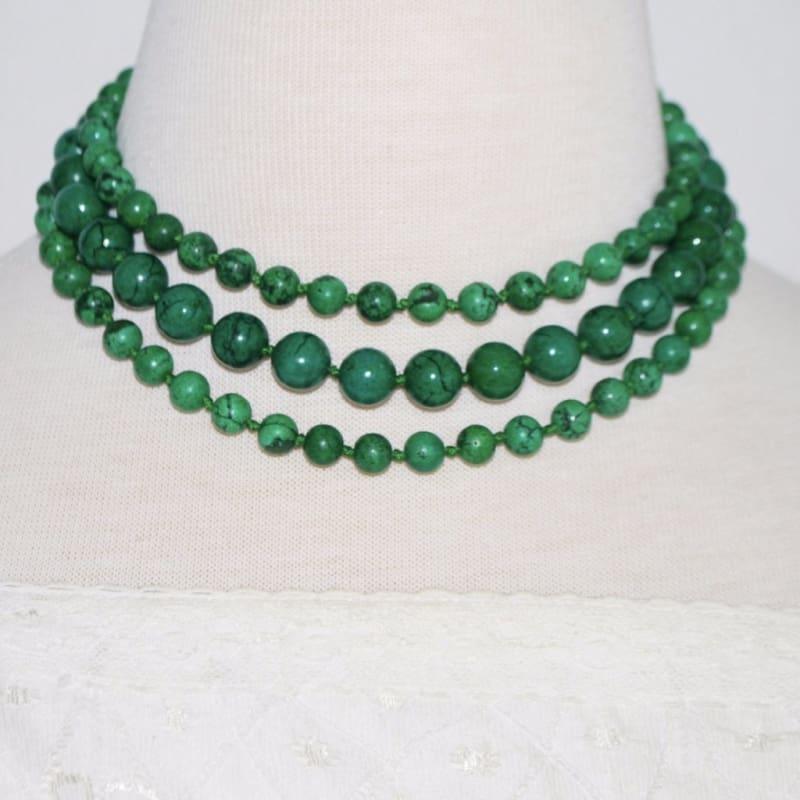 Three Strands Green Turquoise Womens Beaded Necklace - Handmade