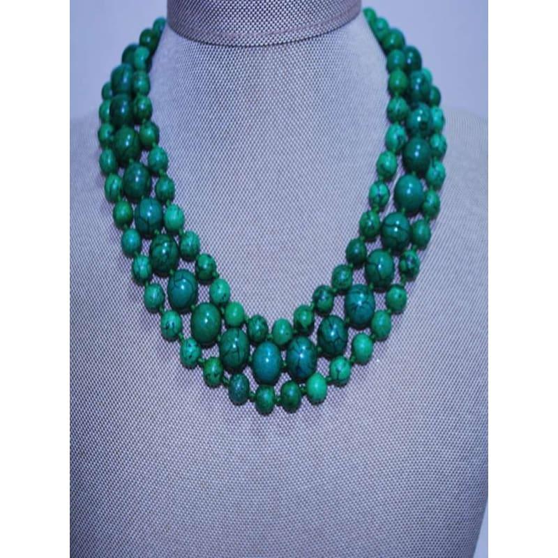 Three Strands Green Turquoise Womens Beaded Necklace - Handmade