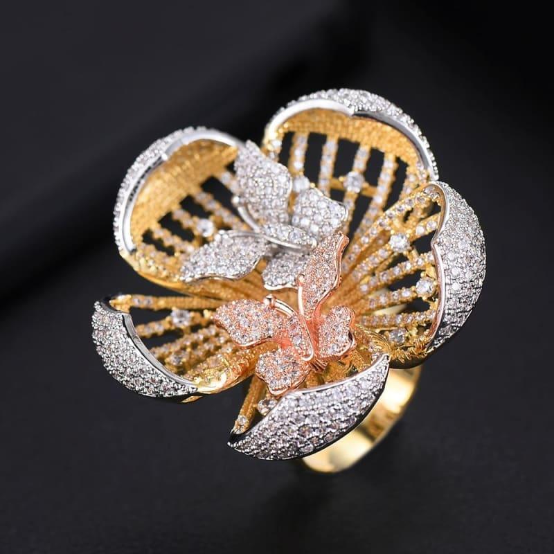 Three Tone Flower Butterfly Cubic Zircon Engagement Dubai Bridal Statement Finger Rings - Rings