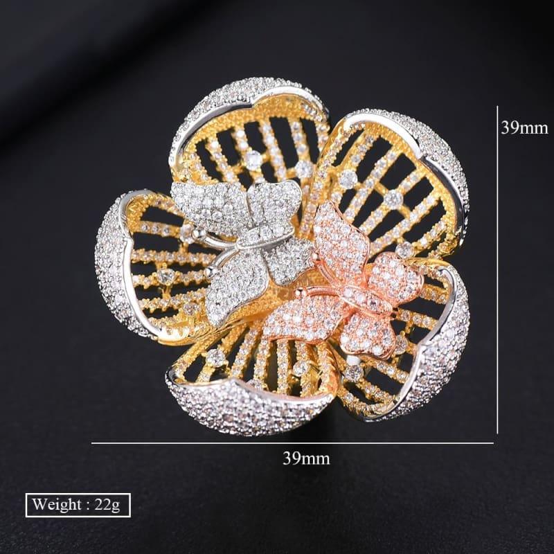 Three Tone Flower Butterfly Cubic Zircon Engagement Dubai Bridal Statement Finger Rings - Rings